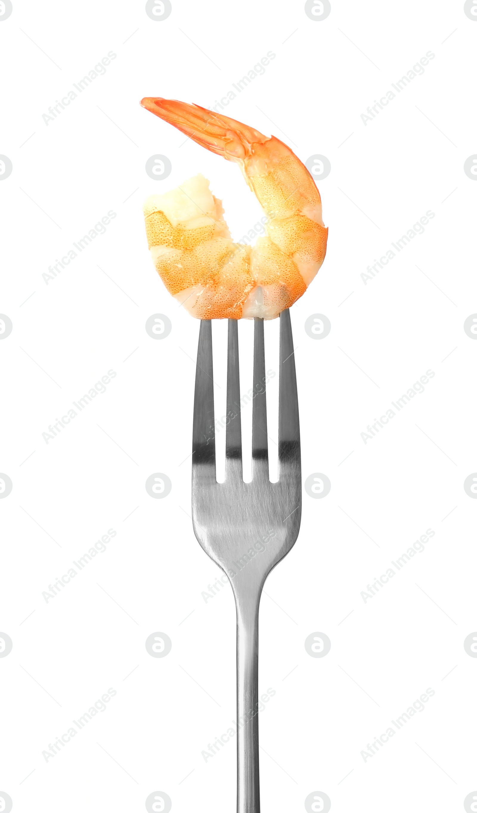 Photo of Fork with one shrimp isolated on white