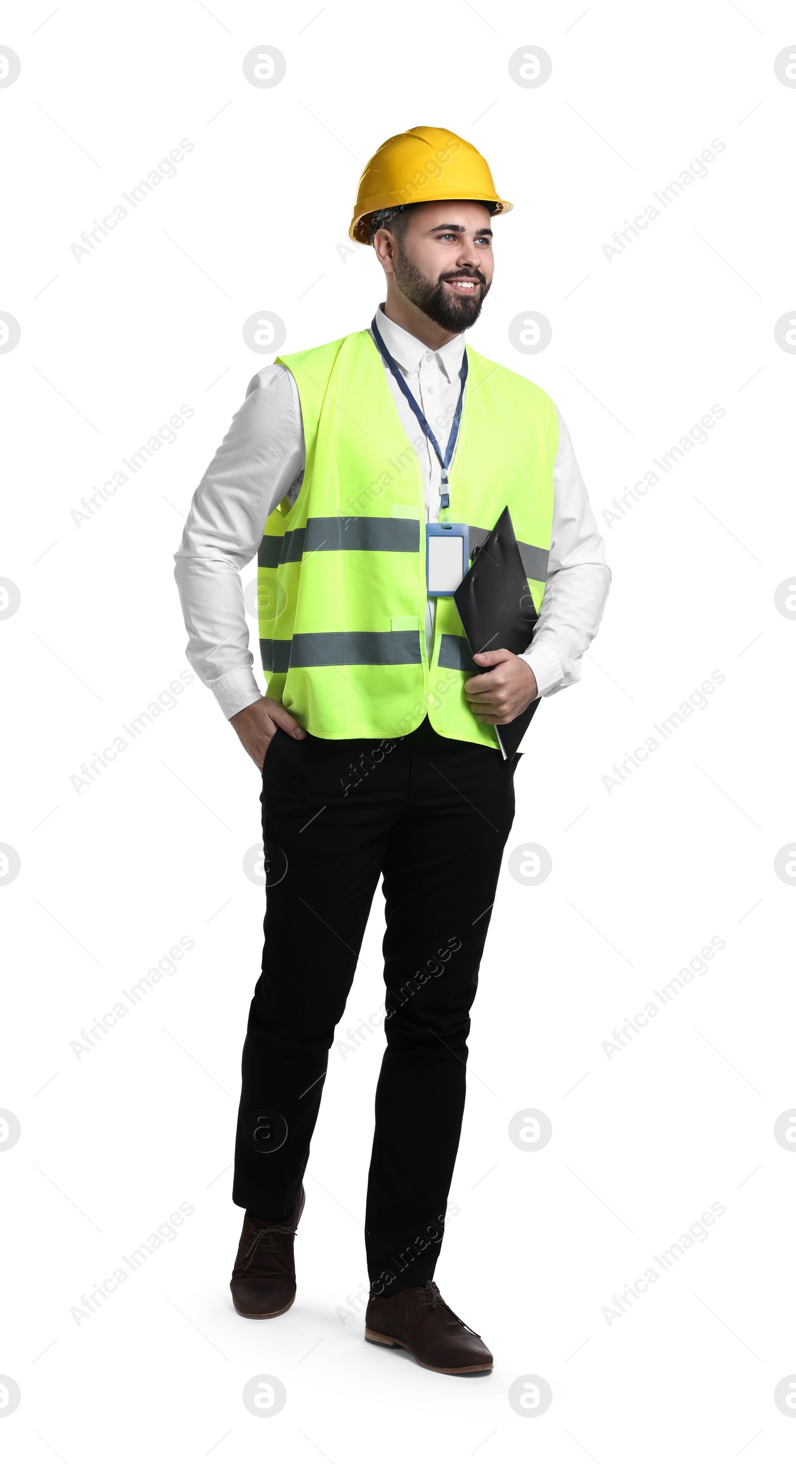 Photo of Engineer in hard hat holding clipboard on white background