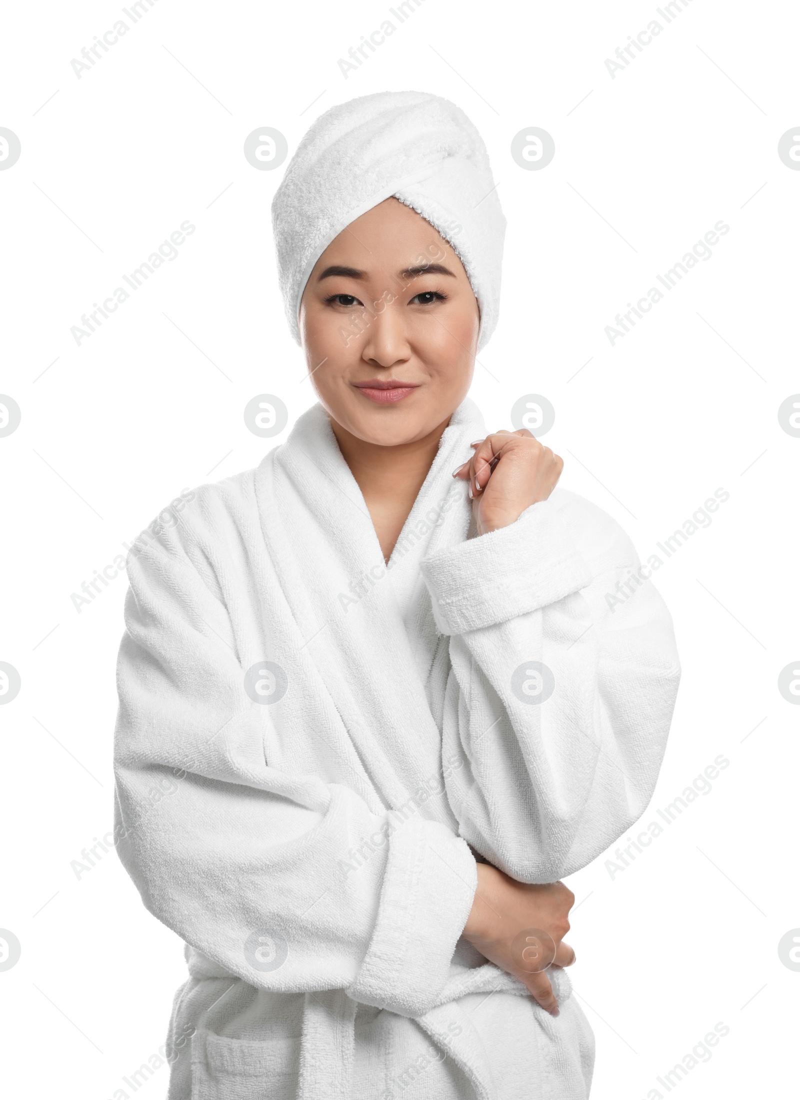 Photo of Portrait of beautiful Asian woman in bathrobe isolated on white. Spa treatment