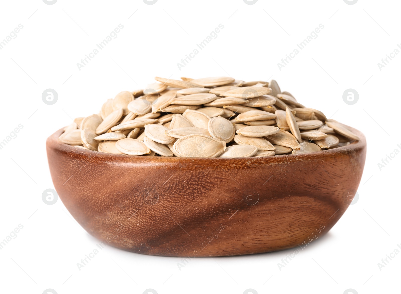 Photo of Bowl with raw pumpkin seeds on white background