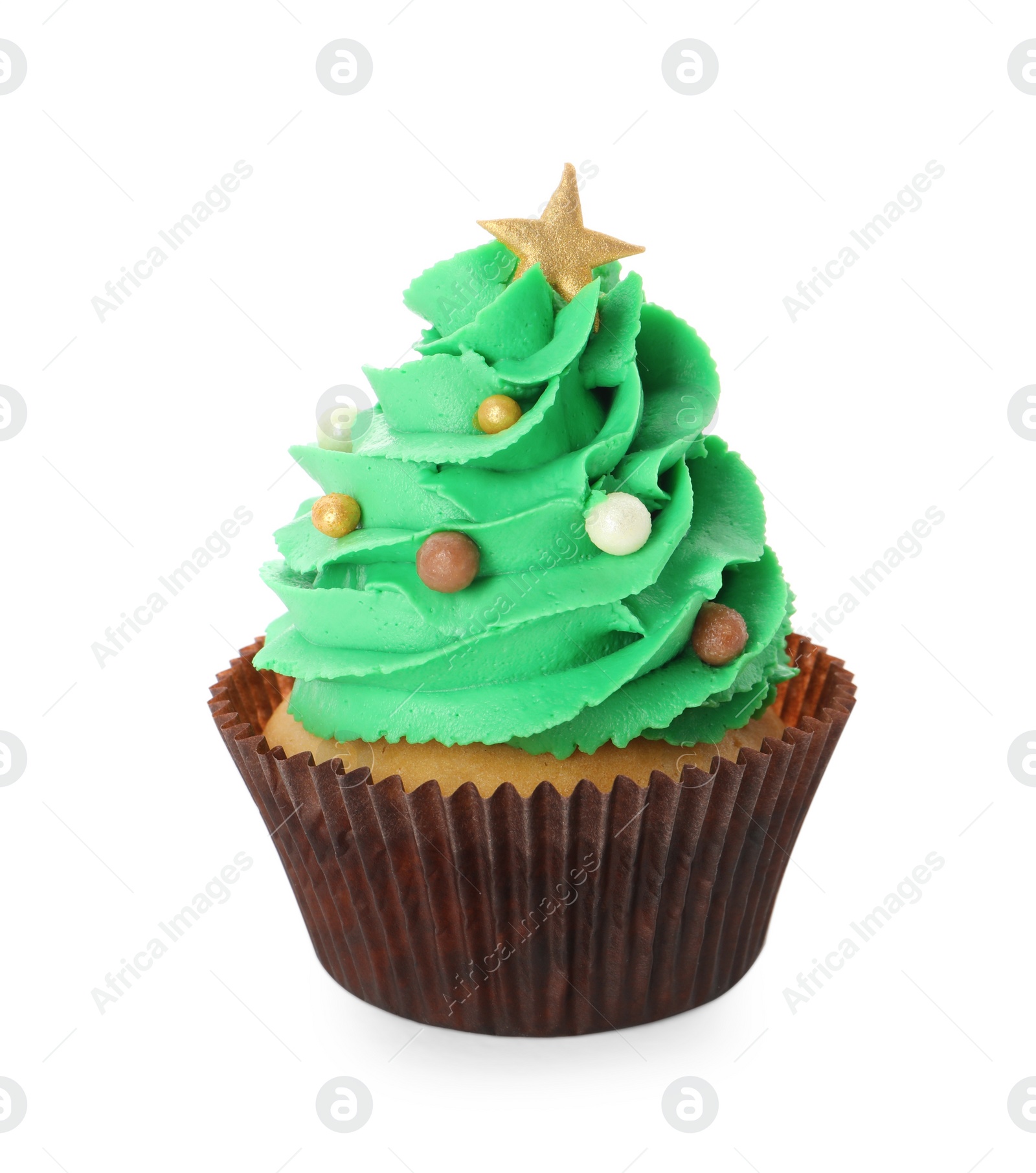 Photo of Tasty Christmas tree cupcake isolated on white