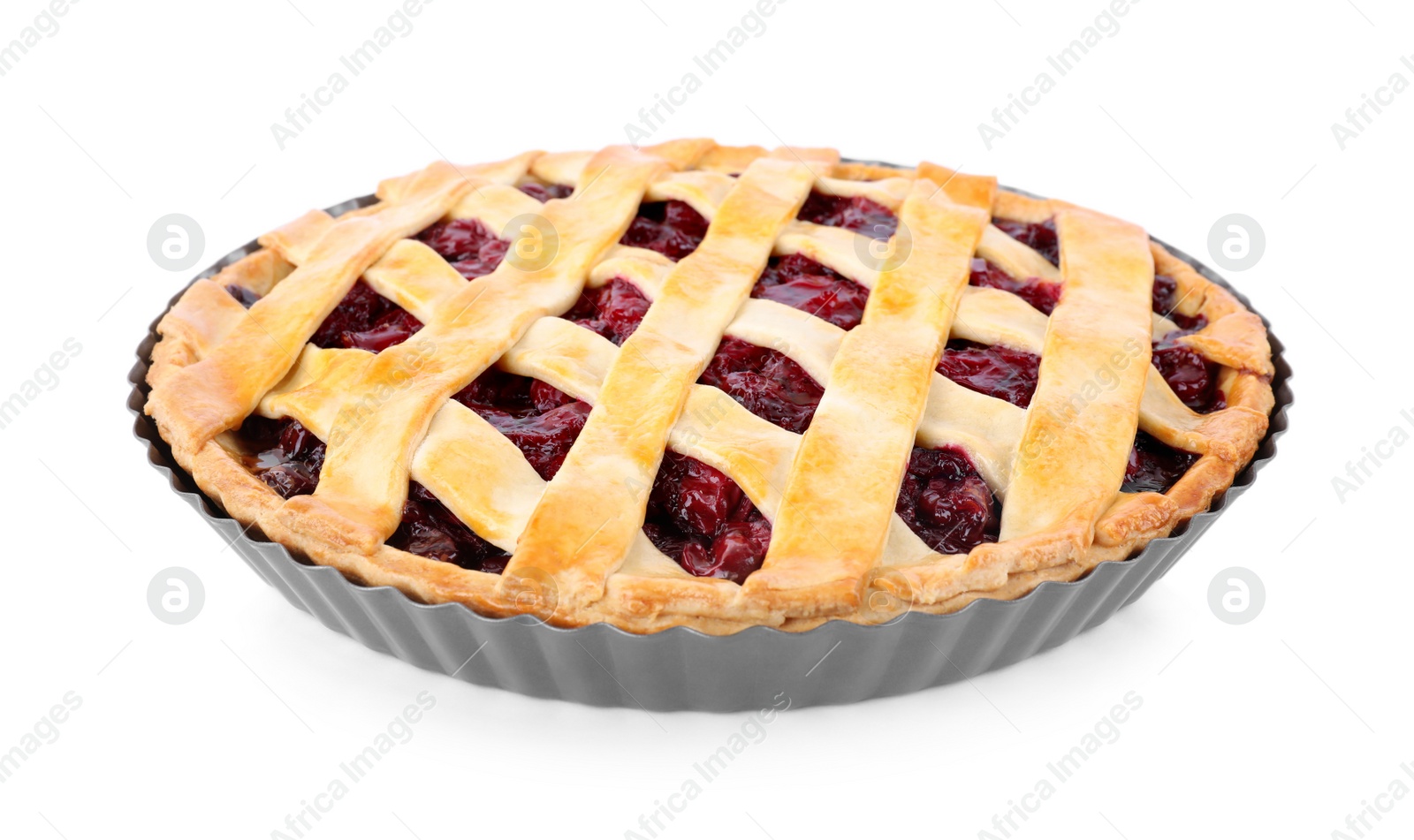 Photo of Delicious fresh cherry pie in baking dish isolated on white