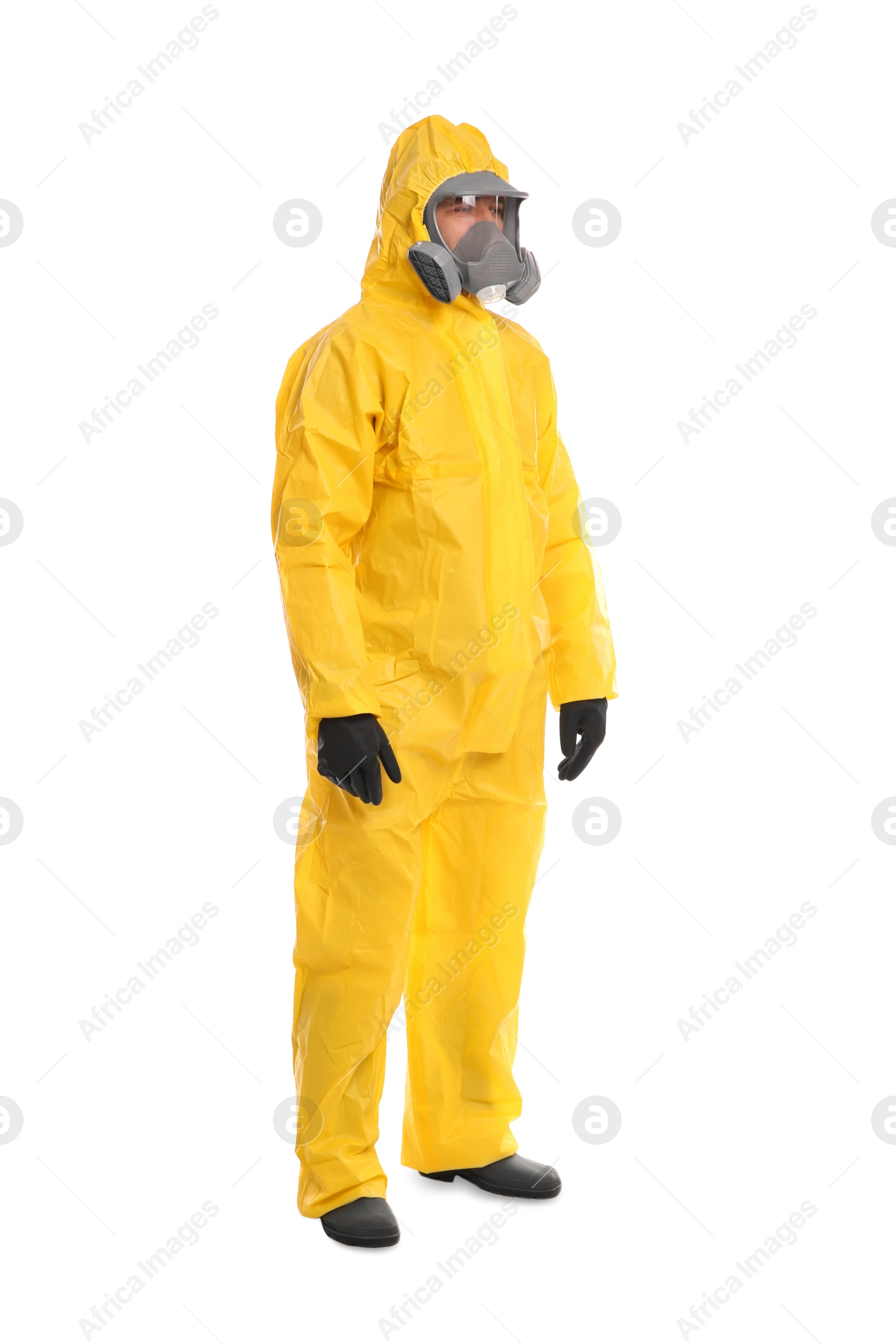 Photo of Man wearing chemical protective suit on white background. Virus research