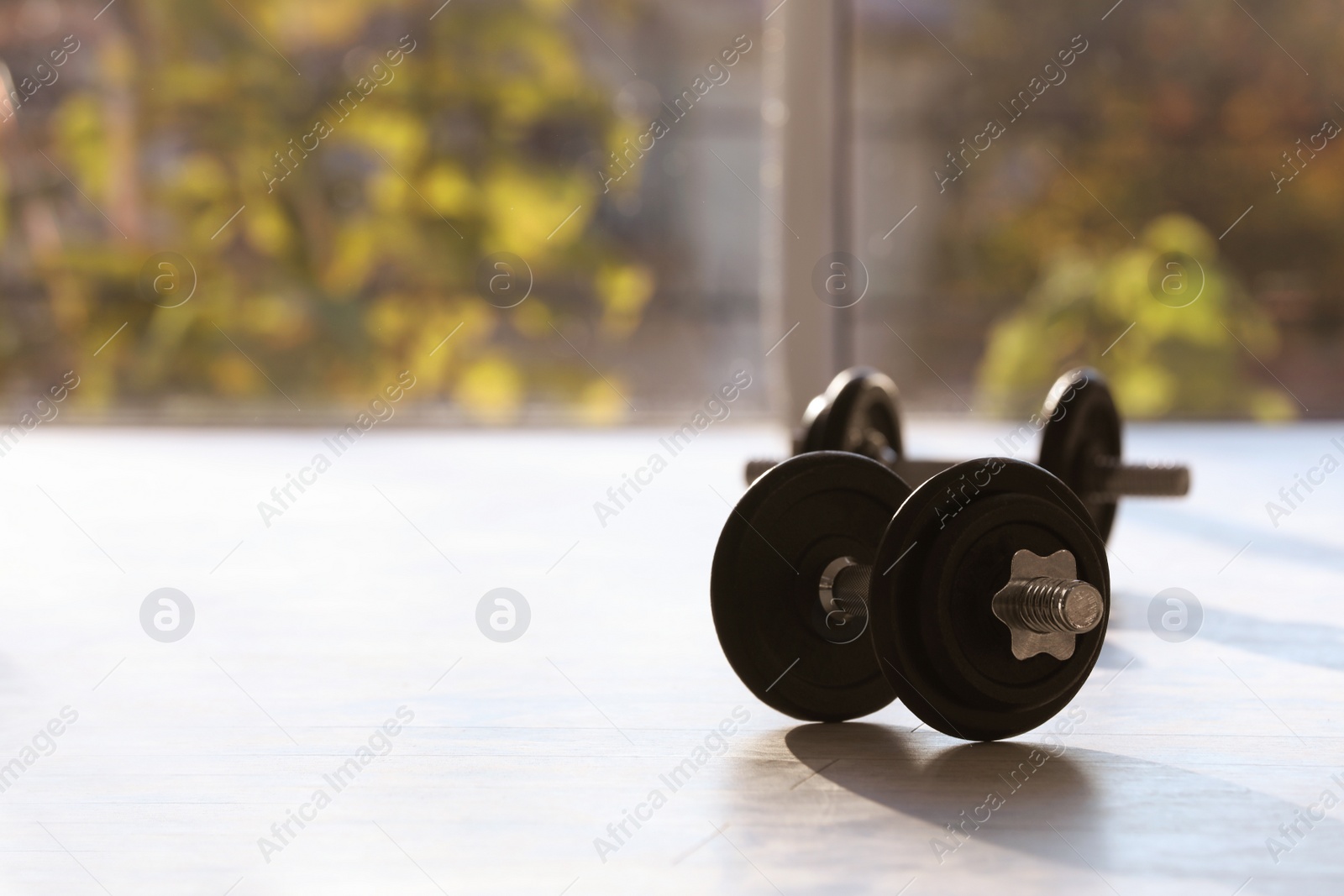 Photo of Pair of adjustable dumbbells on floor indoors. Space for text