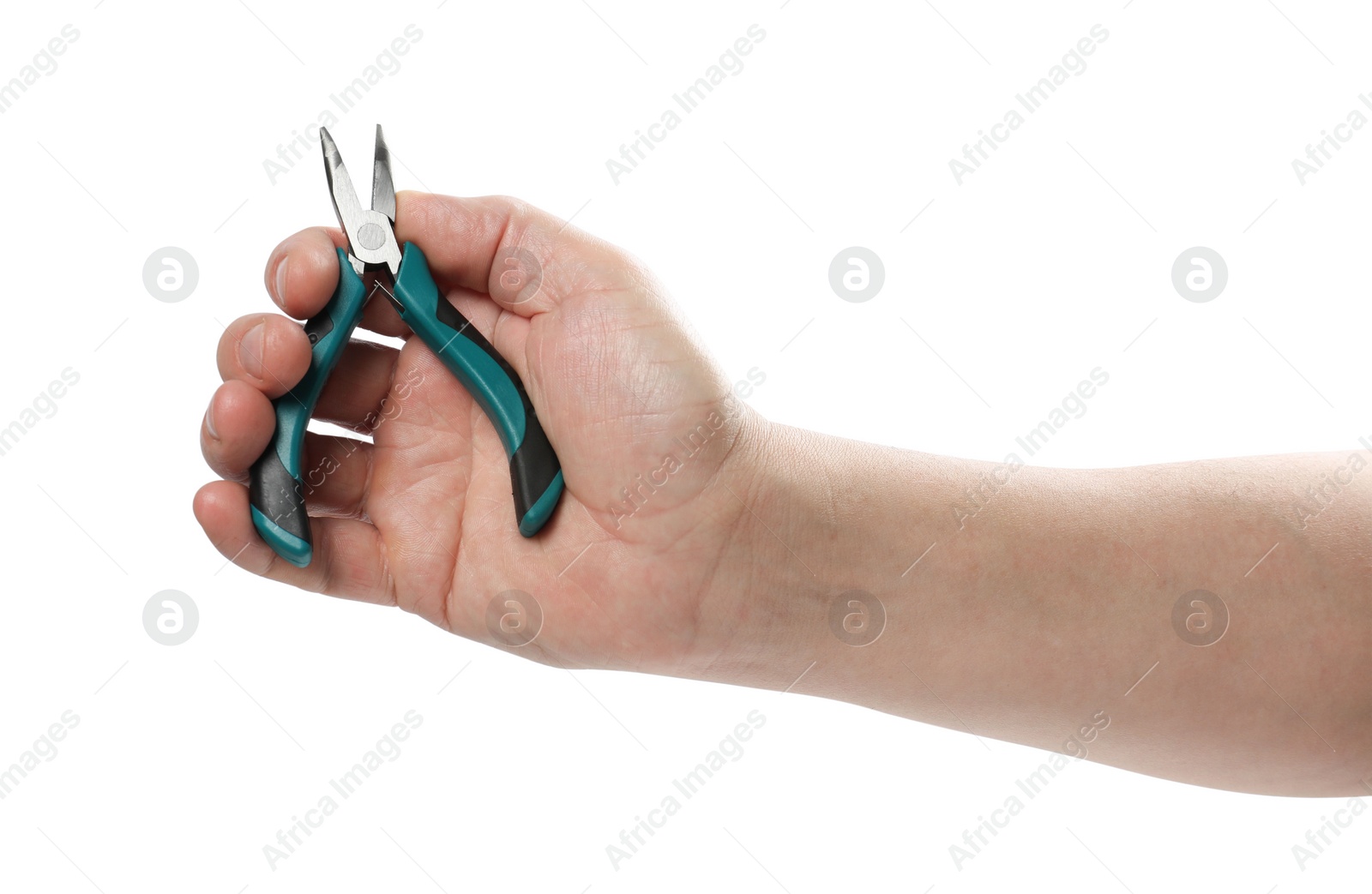 Photo of Man with bent nose pliers on white background, closeup