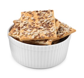 Photo of Cereal crackers with flax, sunflower and sesame seeds in bowl isolated on white