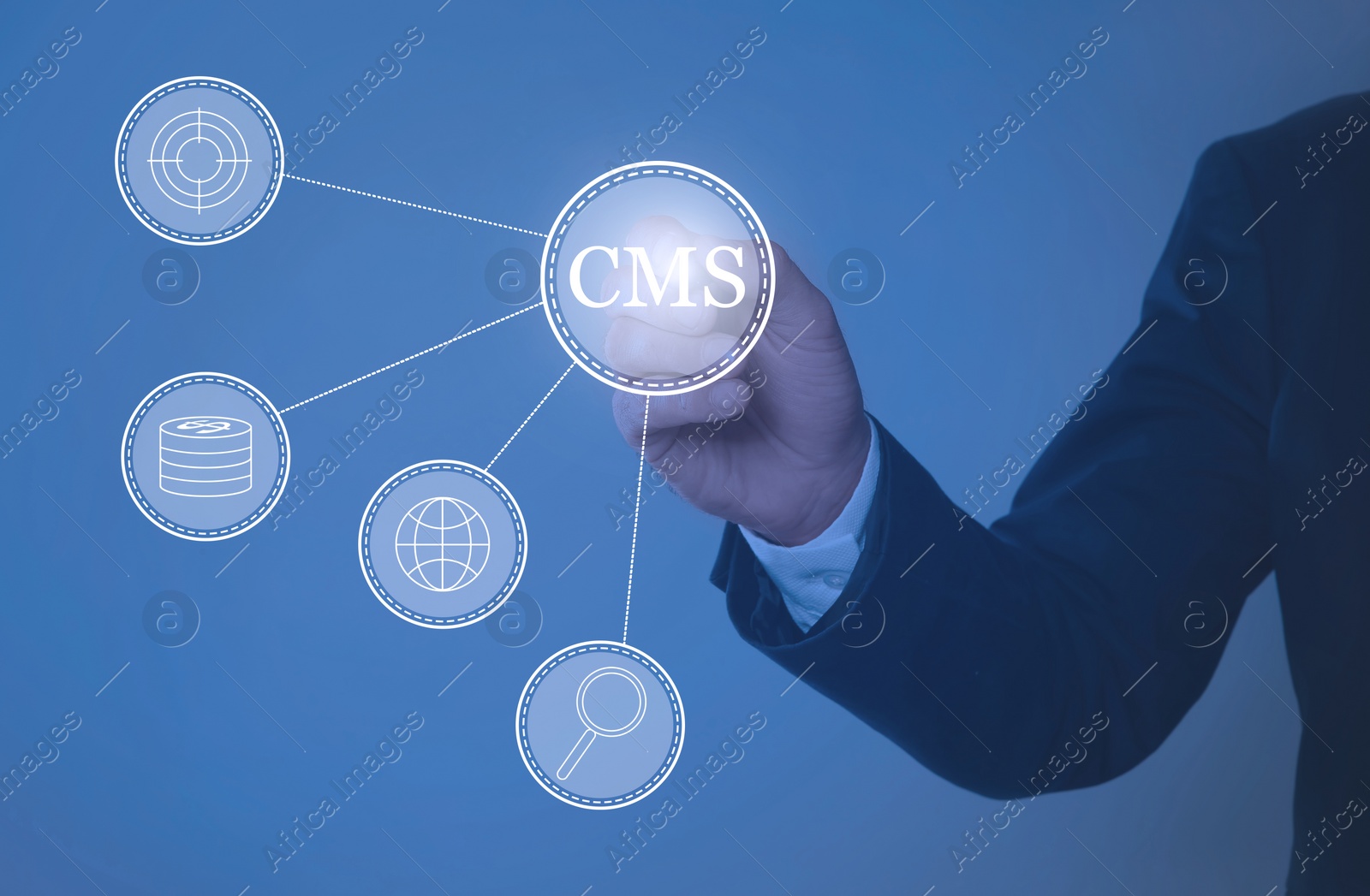 Image of CMS. Man using virtual screen, closeup. Scheme with icons on blue background