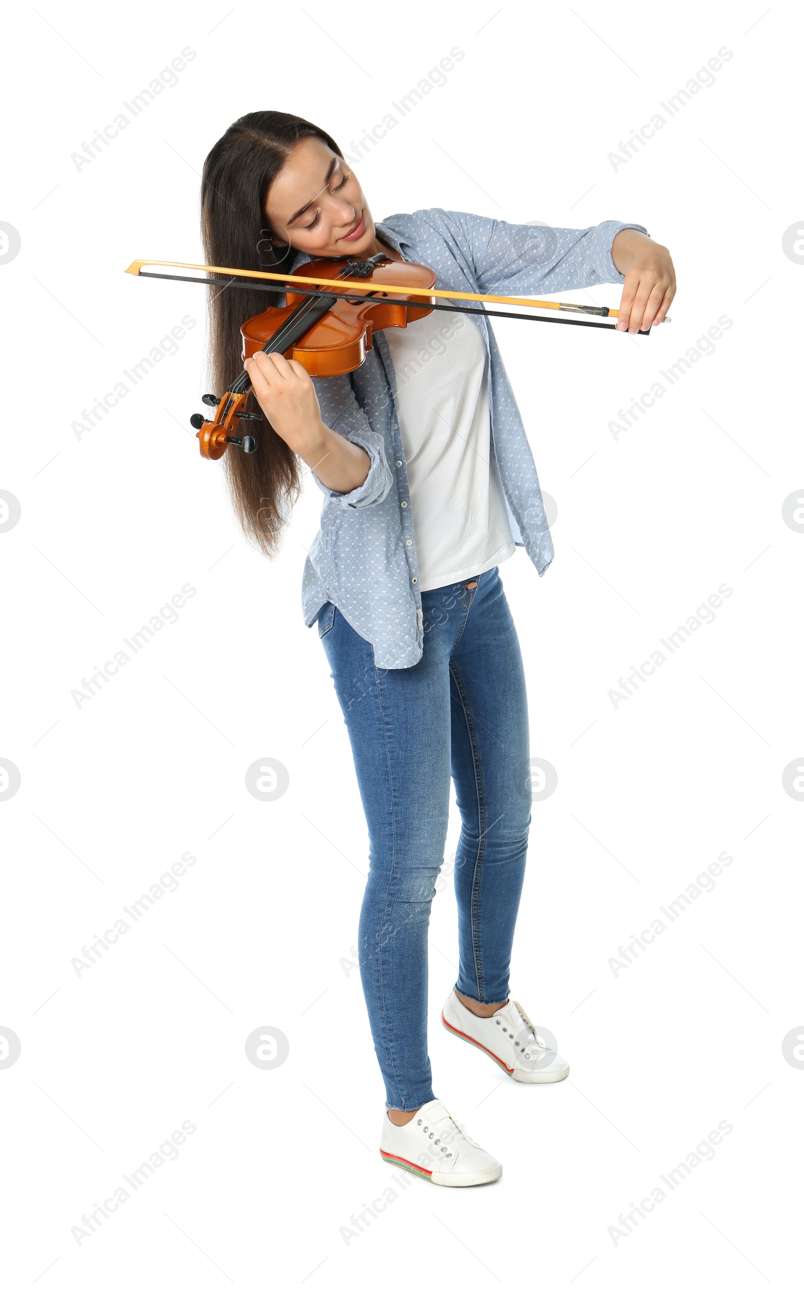 Photo of Beautiful woman playing violin on white background