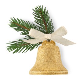 Photo of Golden shiny bell with bow and fir branch isolated on white. Christmas decoration