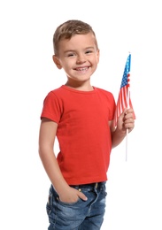 Photo of Little boy with American flag on white background