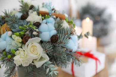 Photo of Beautiful wedding winter bouquet indoors, closeup. Space for text