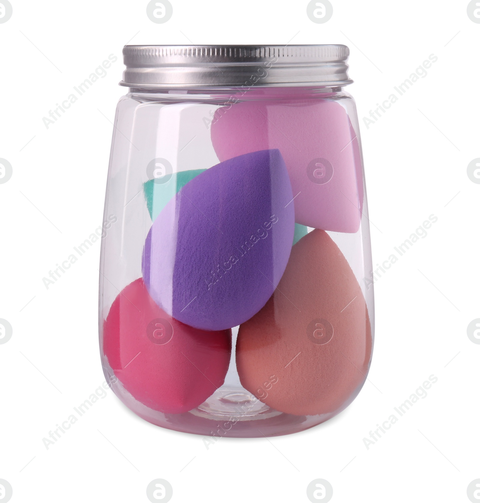 Photo of Jar with makeup sponges isolated on white