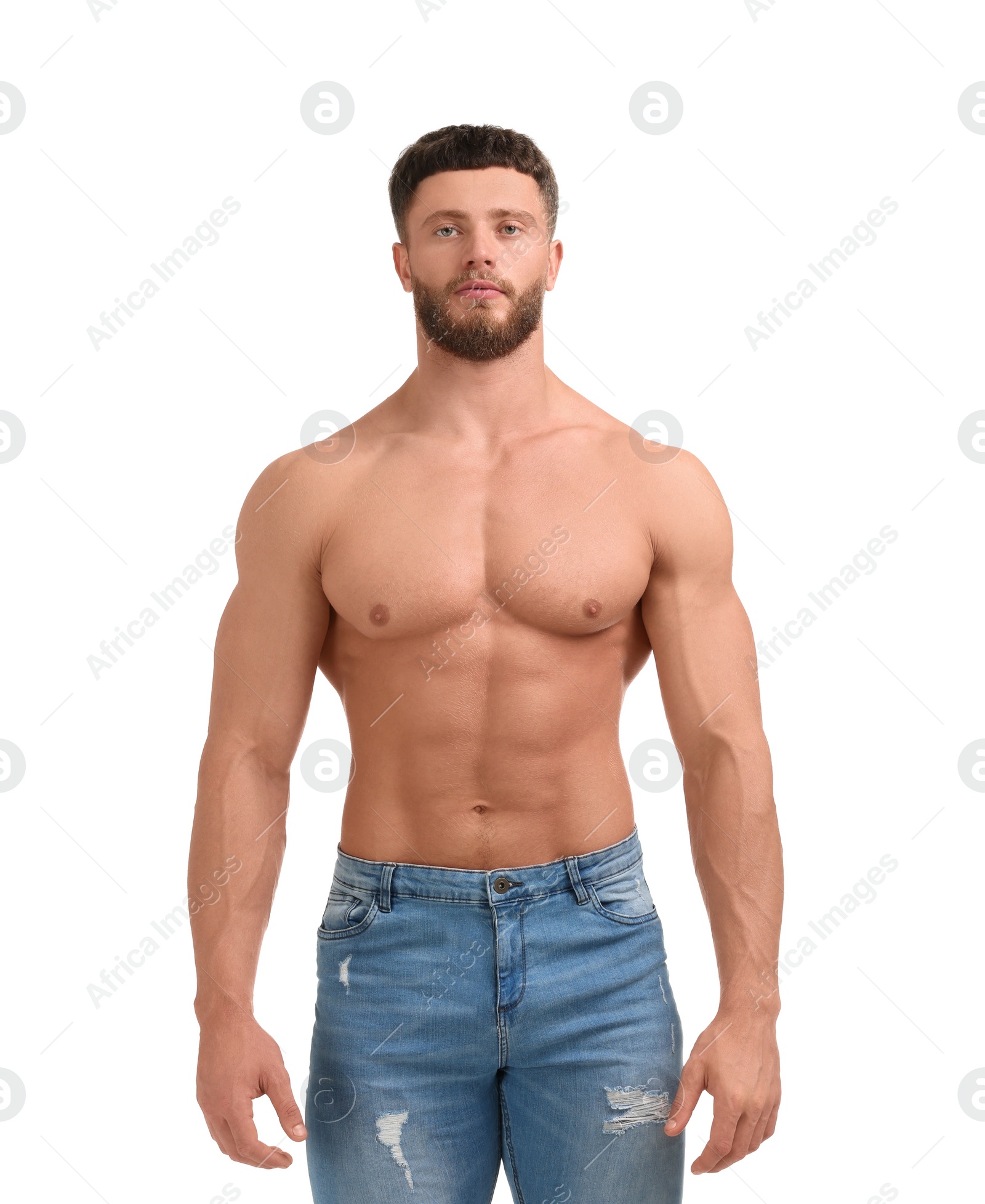 Photo of Handsome muscular man isolated on white. Sexy body