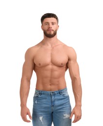 Photo of Handsome muscular man isolated on white. Sexy body