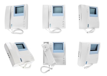 Image of Intercom base stations with handsets on white background, collage