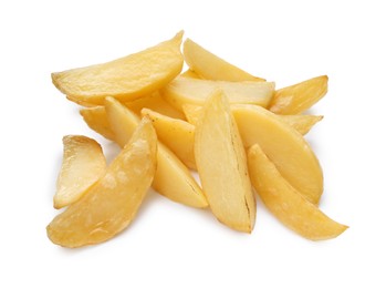 Photo of Tasty baked potato wedges on white background