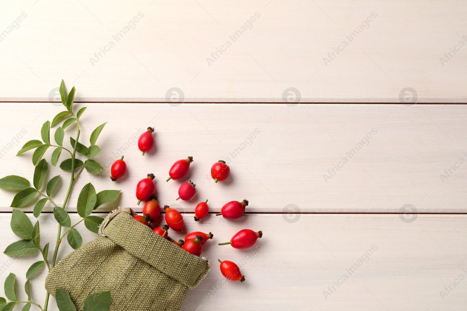 Photo of Ripe rose hip berries with green leaves on white wooden table, flat lay. Space for text