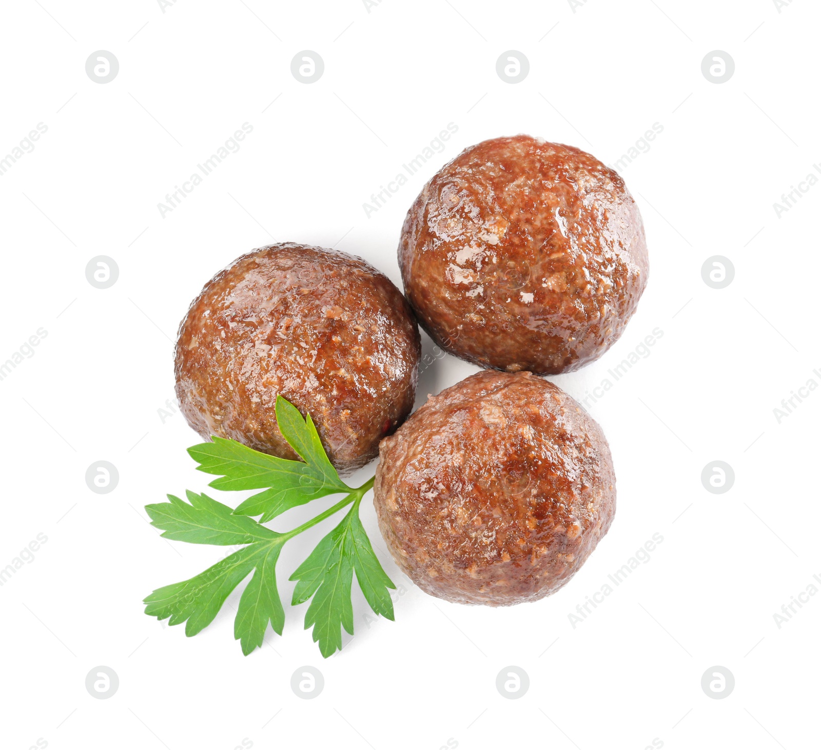 Photo of Tasty cooked meatballs with parsley on white background, top view