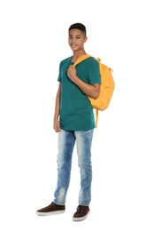 Photo of African-American teenager boy in casual clothes on white background