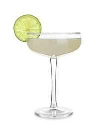 Glass of Margarita cocktail on white background. Traditional alcoholic drink