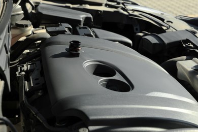Closeup view of car engine in modern auto