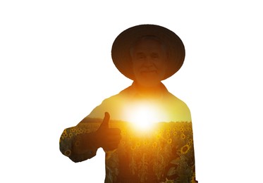 Double exposure of farmer and sunflower field on white background