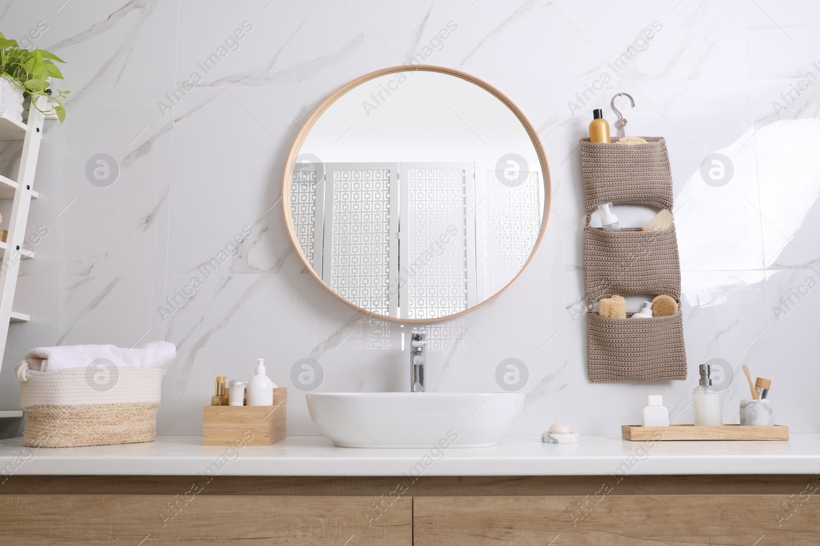 Photo of Bathroom interior with essentials and stylish accessories