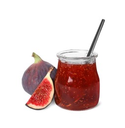 Photo of Jar with tasty sweet jam and fresh fig isolated on white