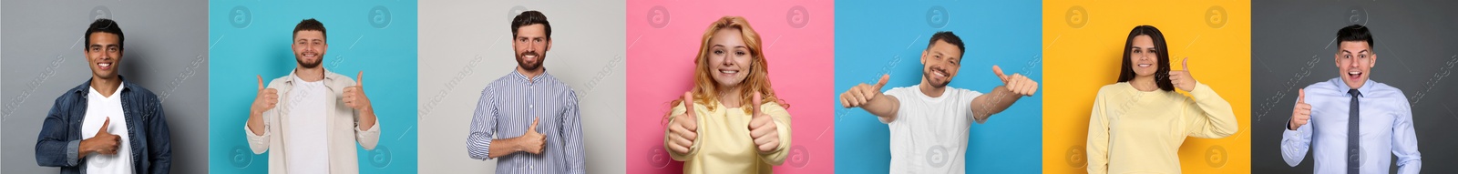 Image of Collage with photos of people showing thumbs up on different color backgrounds