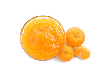 Bowl of tasty jam and fresh tangerines on white background, top view