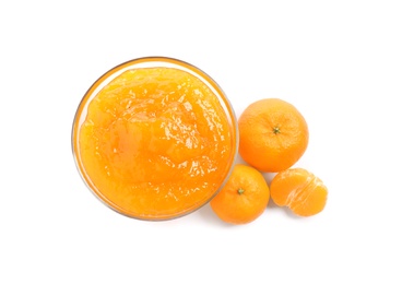 Photo of Bowl of tasty jam and fresh tangerines on white background, top view