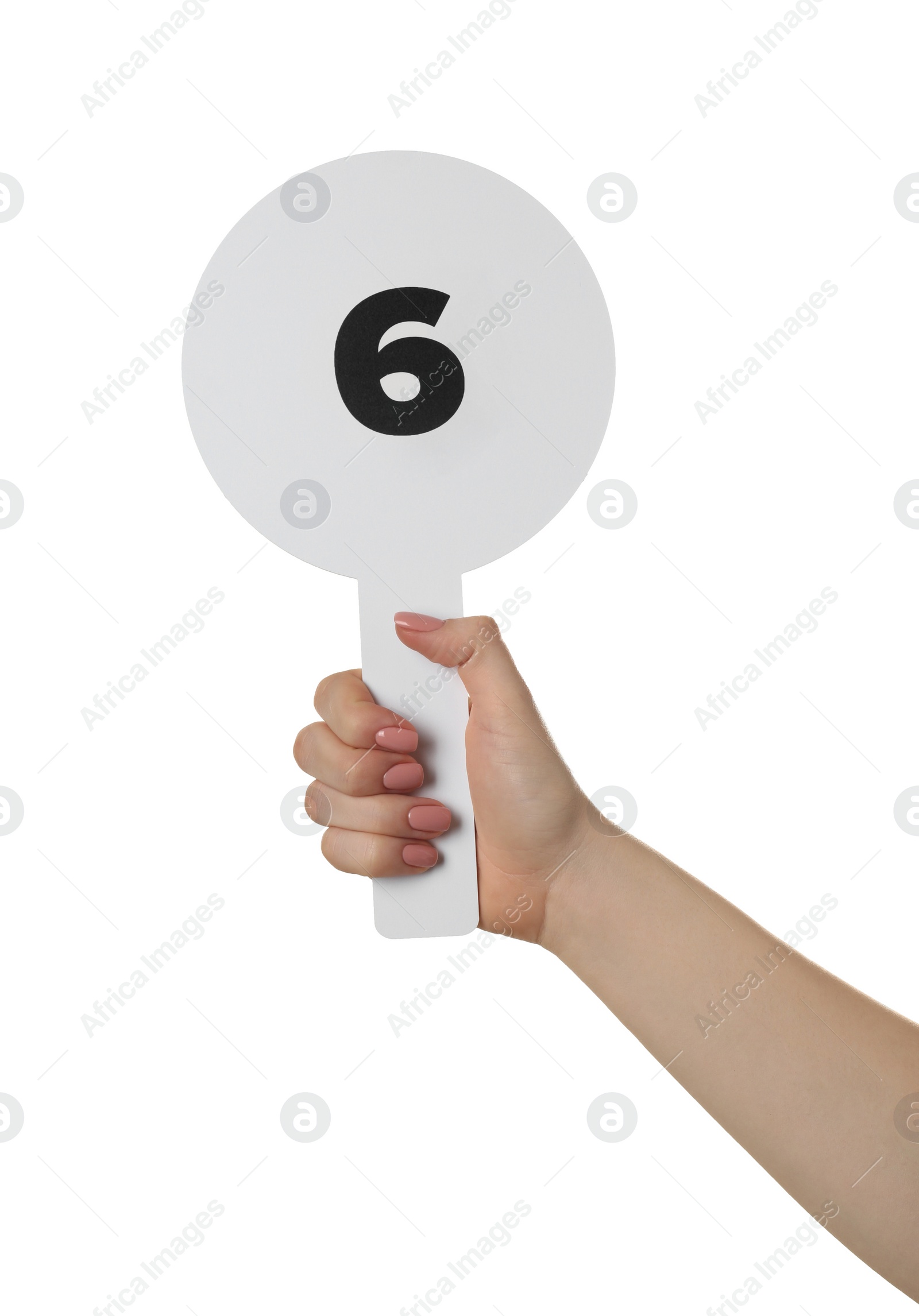 Photo of Woman holding auction paddle with number 6 on white background, closeup