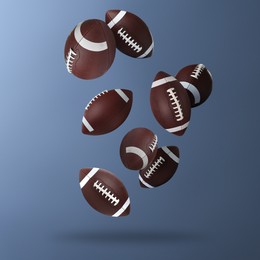 Image of Leather American football balls falling on steel blue gradient background