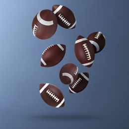 Leather American football balls falling on steel blue gradient background