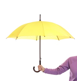 Photo of Person holding beautiful open umbrella on white background