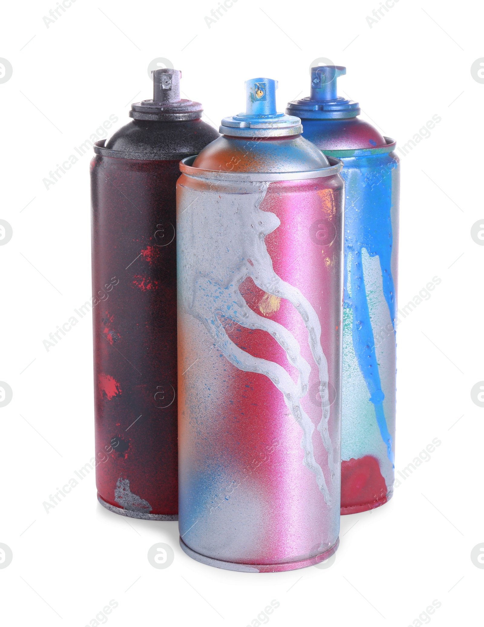 Photo of Different spray paint cans isolated on white