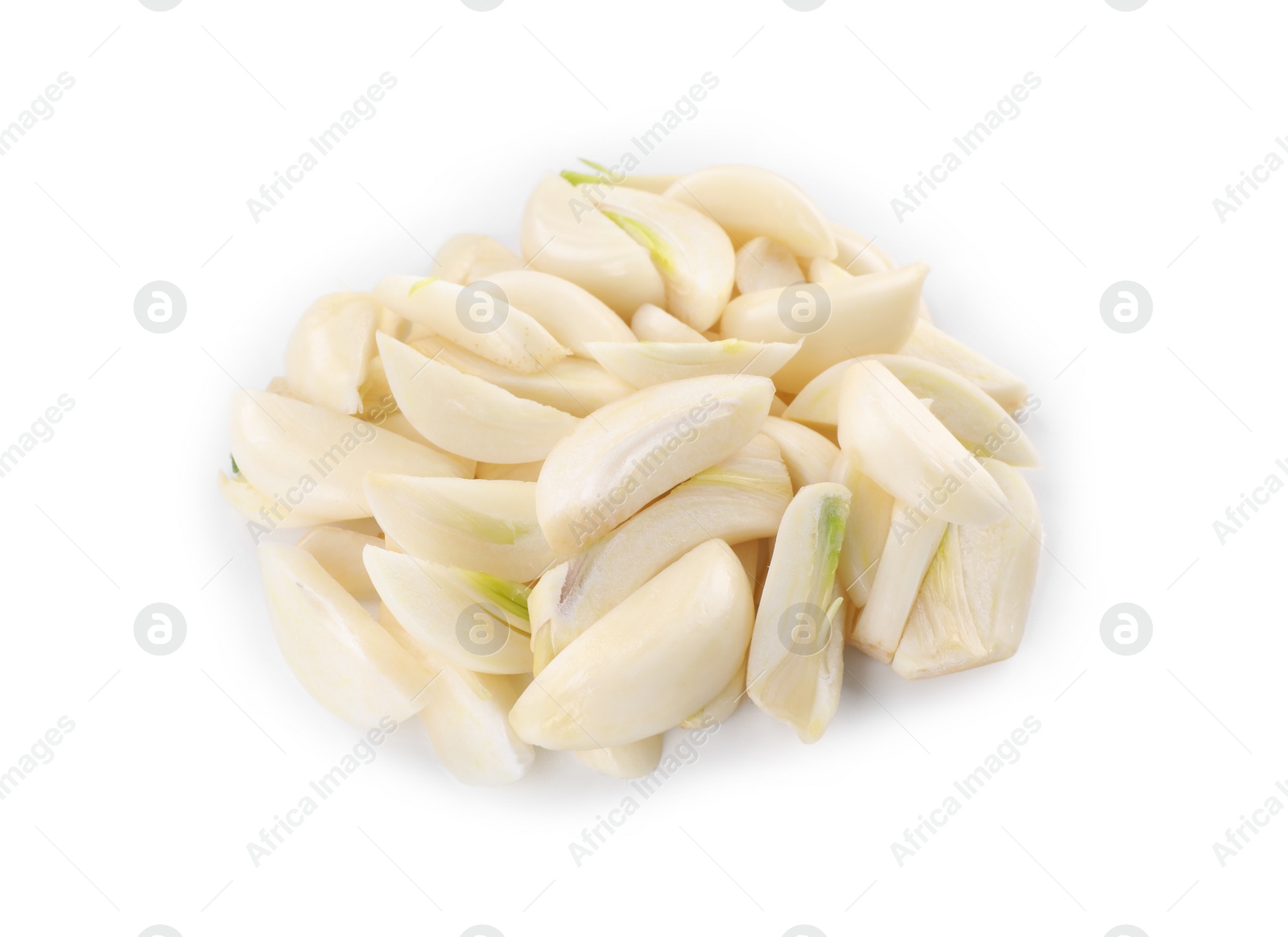 Photo of Peeled cloves of fresh garlic isolated on white