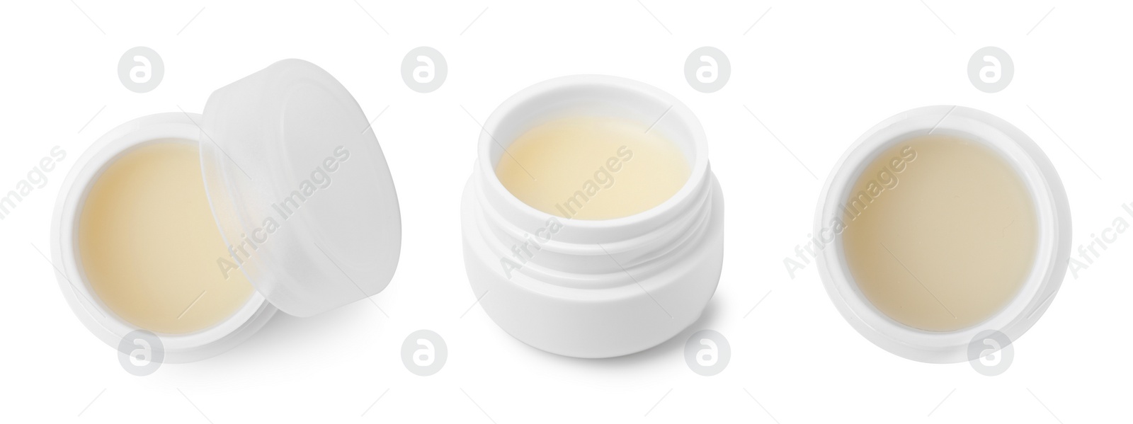 Image of Collage with petroleum jelly in jars on white background, top and side views. Cosmetic petrolatum