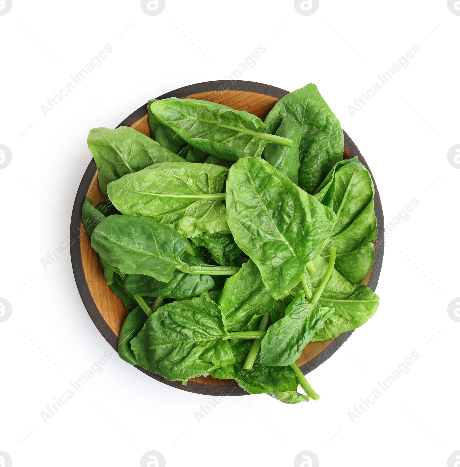 Photo of Bowl of fresh spinach leaves isolated on white, top view