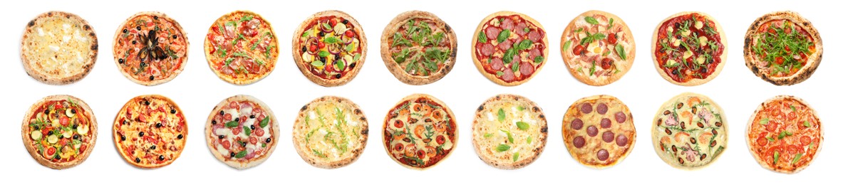 Image of Set with different delicious pizzas on white background, top view. Banner design