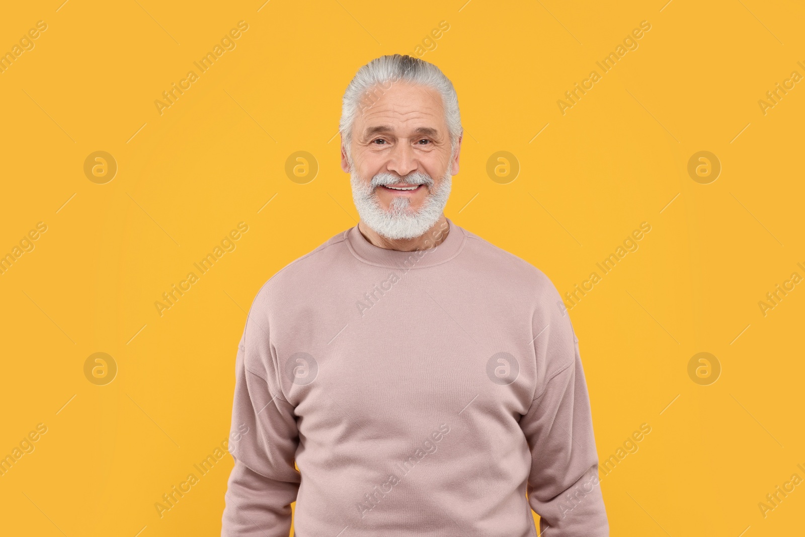 Photo of Portrait of handsome senior man on orange background