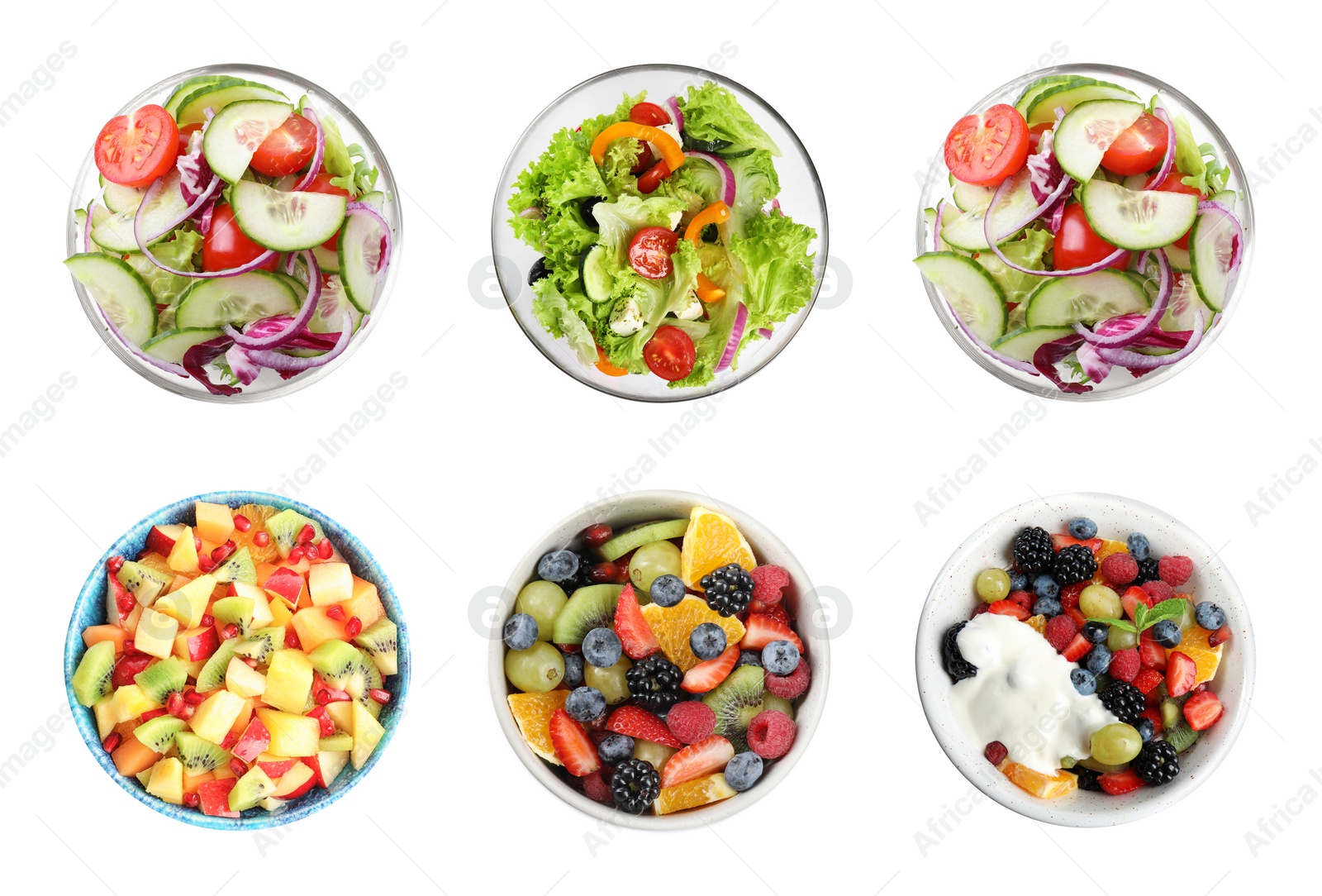 Image of Set with different salads on white background, top view