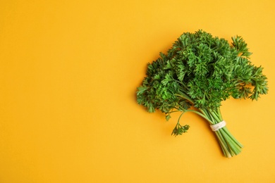 Photo of Bunch of fresh green parsley on orange background, top view. Space for text