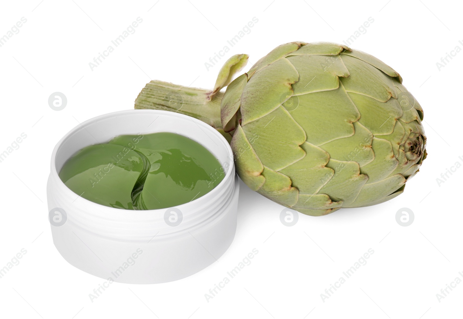 Photo of Package of under eye patches and artichoke on white background. Cosmetic product