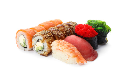 Photo of Set of delicious sushi isolated on white