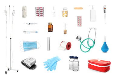 Image of Set with drop counter stand and different medical equipment on white background