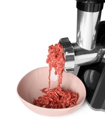 Electric meat grinder with beef mince isolated on white