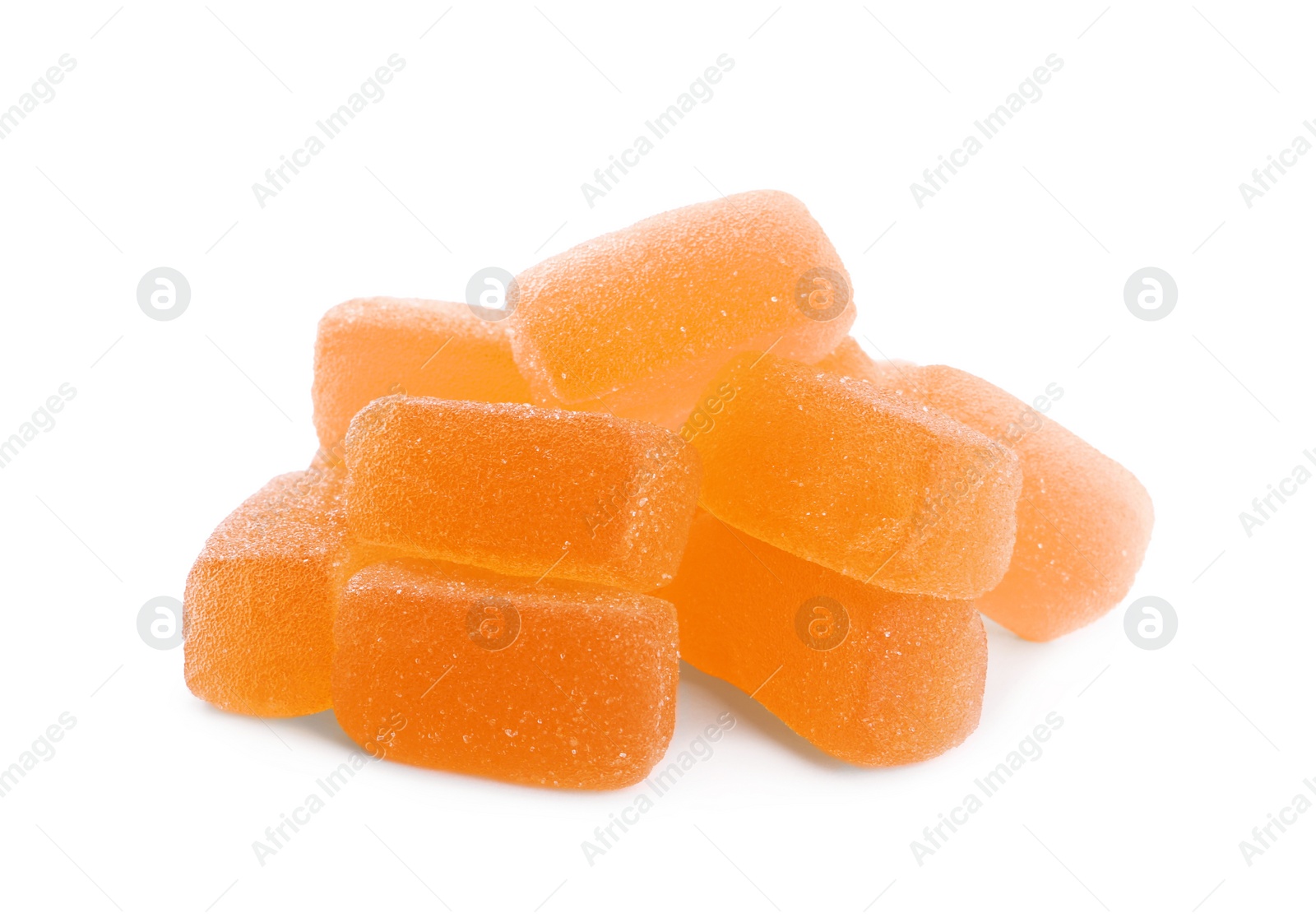 Photo of Tasty orange jelly candies on white background