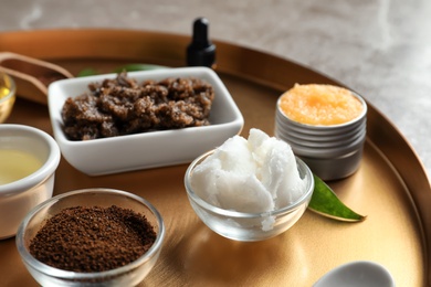 Photo of Ingredients for natural body scrub on metal tray