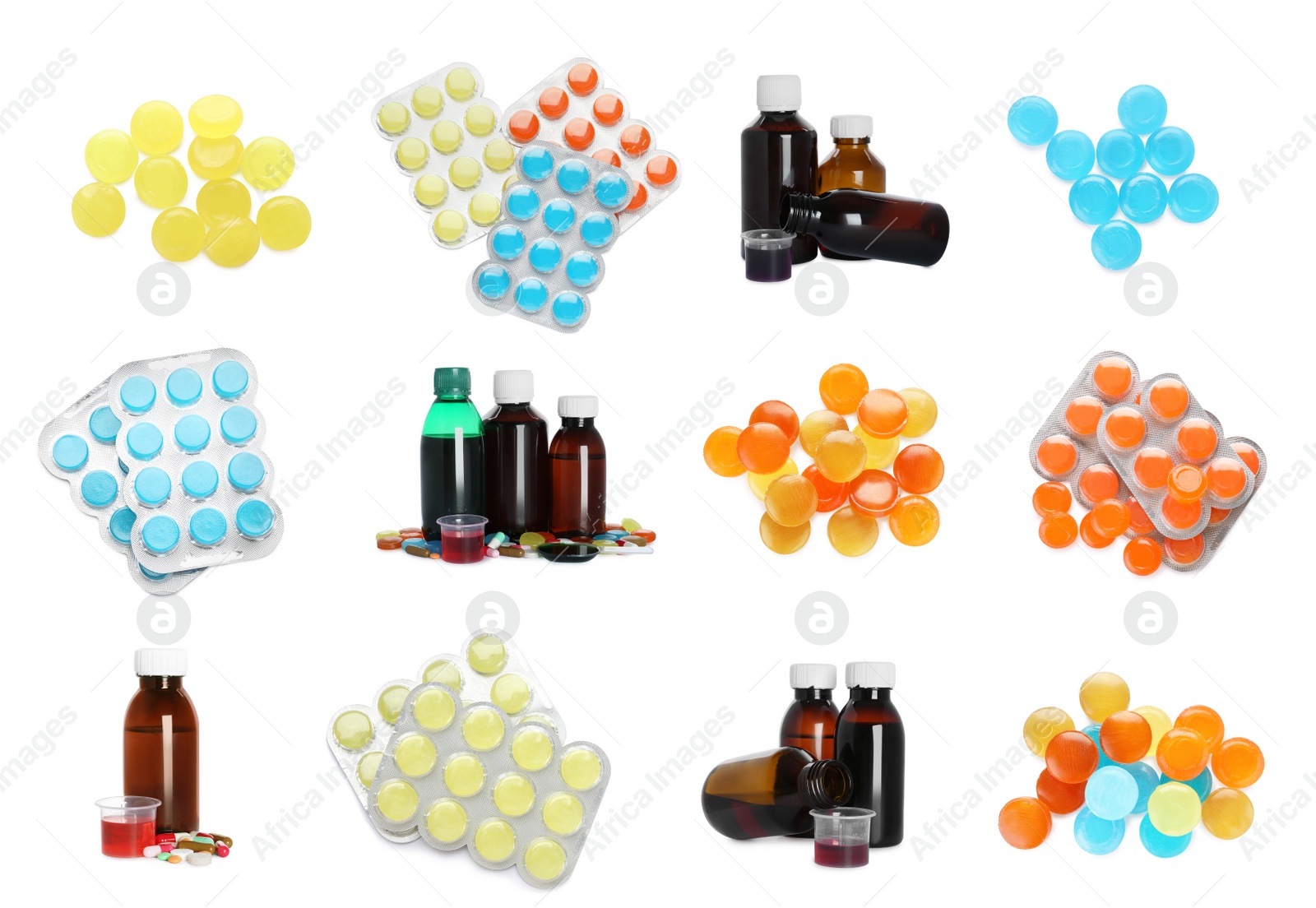 Image of Set with different cough drops and syrup on white background